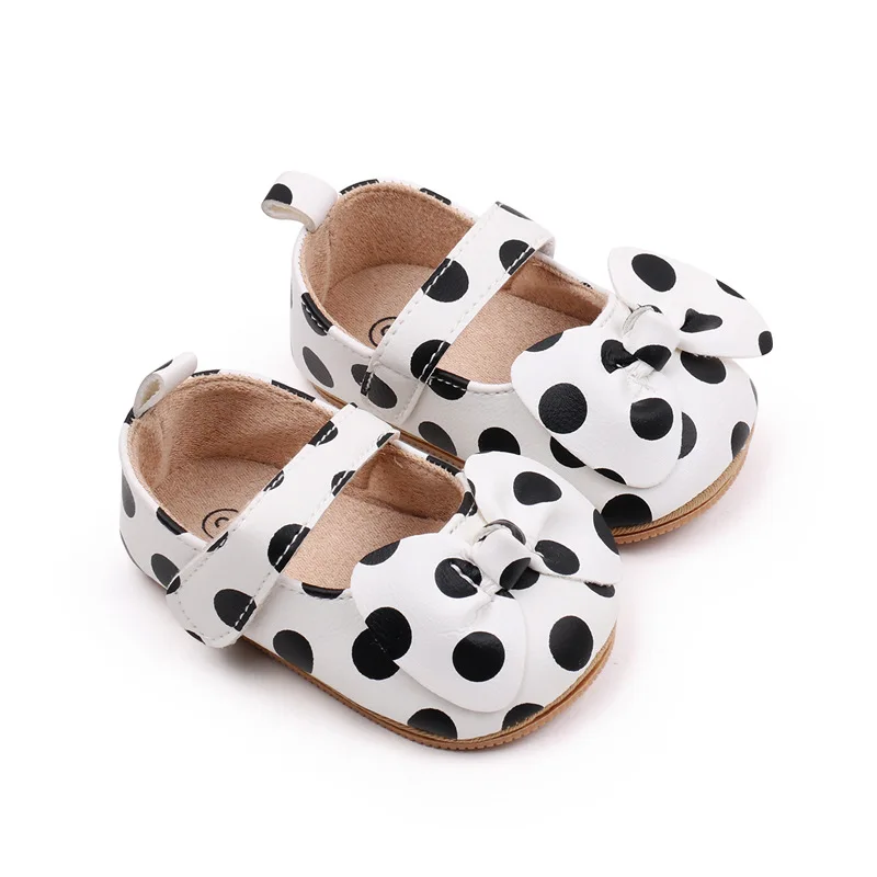 Baby Girls Crib Shoes Cute Dot Infant Bowknot Non-slip Flat PU First Walker Rubber Soft-Sole Newborn Girls Shoes