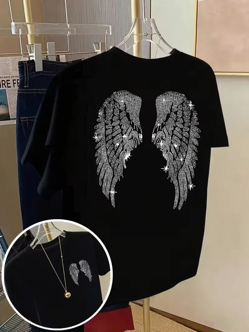 T-Shirt mit Engel-Flügel-Motiv, heißgepresst, vorne und hinten bedruckt, lässiges Unisex-Oberteil mit Rundhalsausschnitt und kurzen Ärmeln, vielseitiges Sommer-Alltagsoberteil – Detail 2