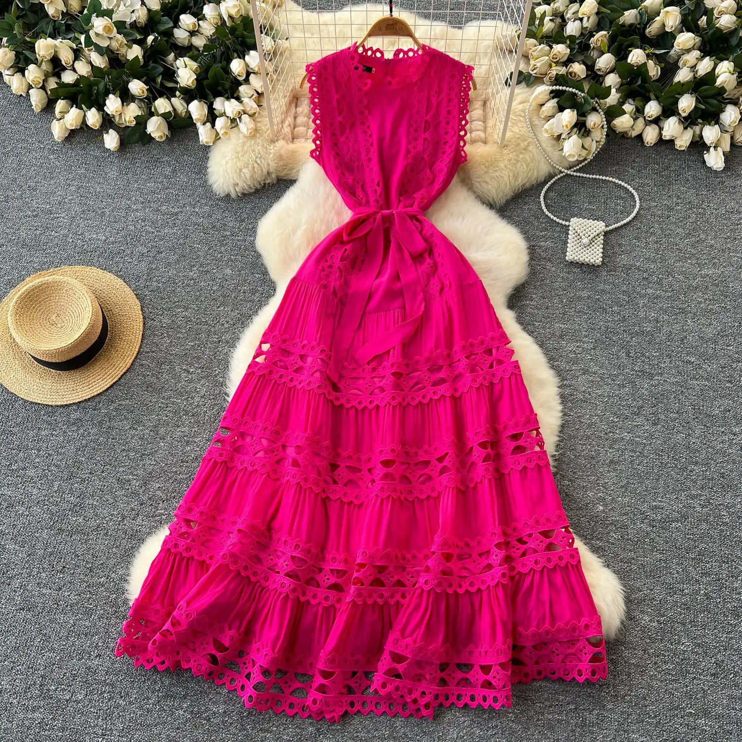 

Lace Dress Women Long Dresses A Line Hollow Out Sleeveless Party Night Vestidos Lace Up High Waist Slim Streetwear Elegant Y2k