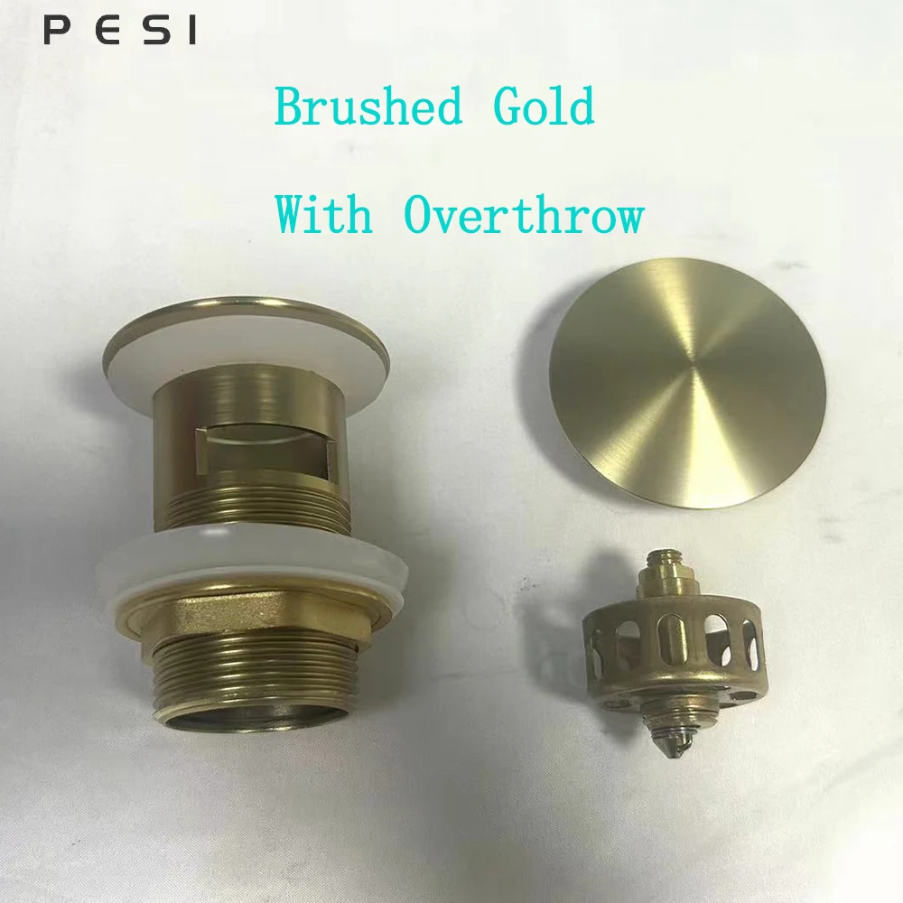 Brushed Gold Pop Up Drain Button Bathroom Sink Plug Drainer Siphon Waste Stopper Wash Basin Faucet Accessory Washbasin Pipe.