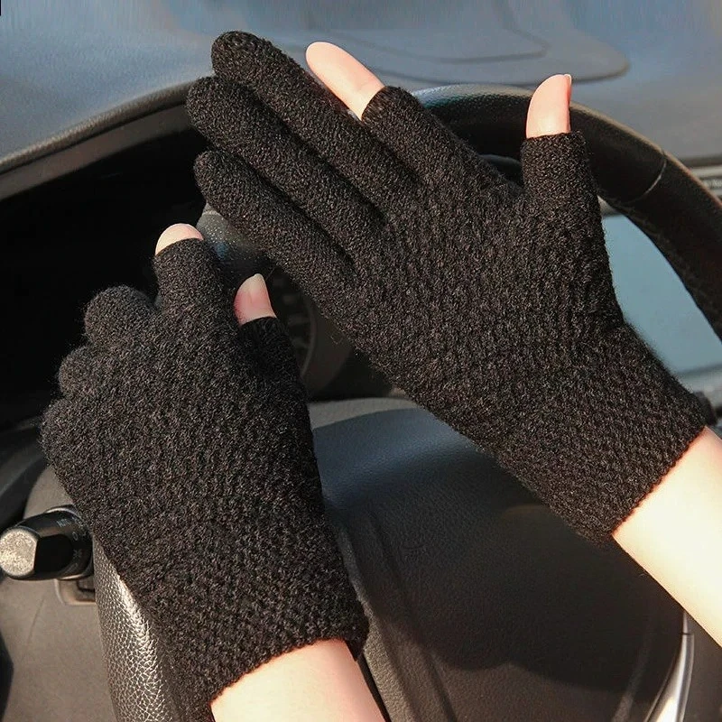 Warm Two Finger Open Touchscreen Gloves Soft Thick Knit Thermal Gloves Practical Outdoor Cycling Daily Phone Use Gloves Mittens