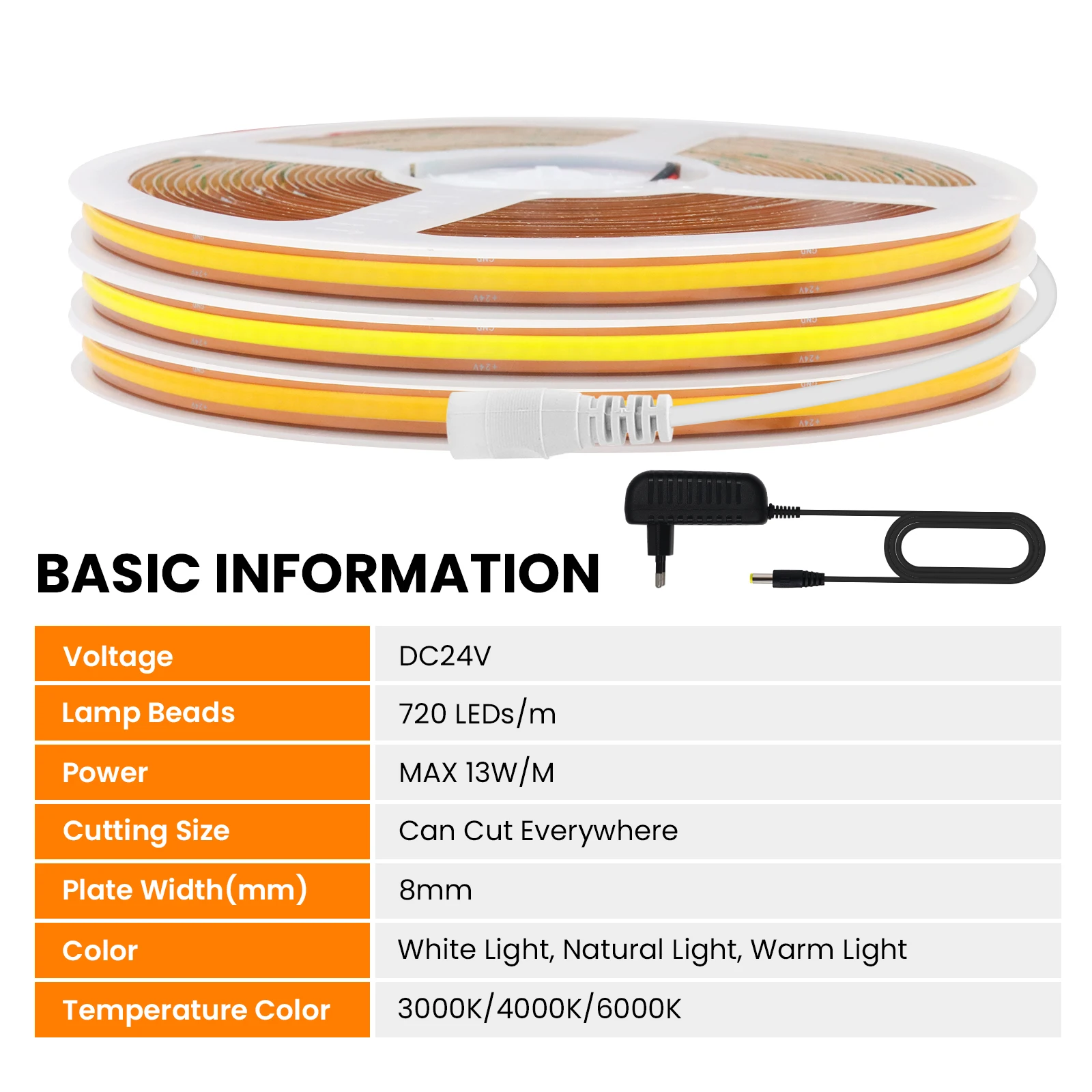 Taśmy LED 24V COB Elastyczne cięcie swobodnie z przewodem EU/DC/2Pin 720 diod LED/m Wysoka jasność 8MM PCB COB Liniowa listwa świetlna 1M/20M