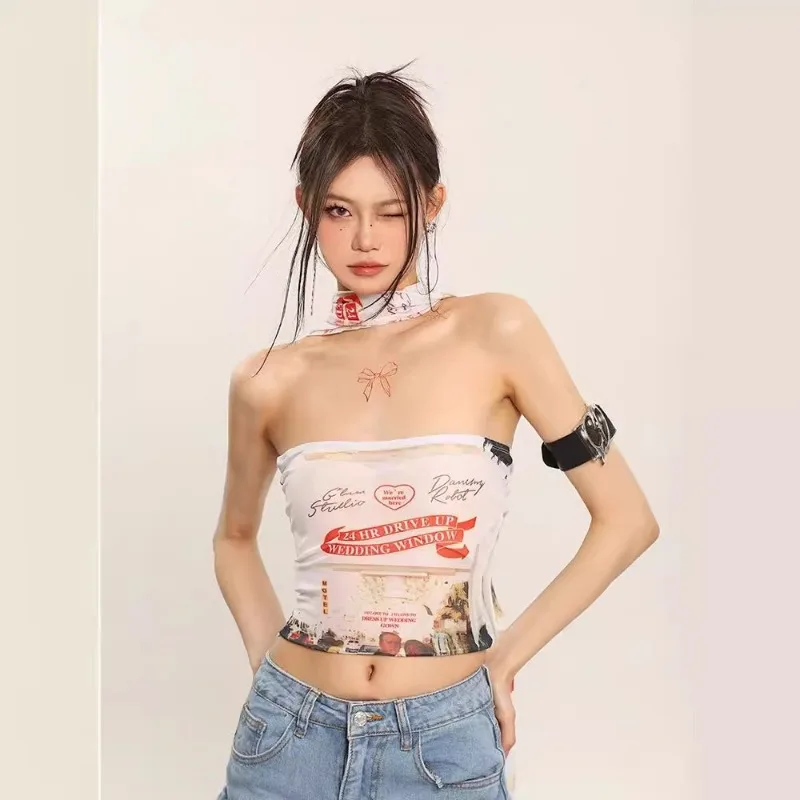 2025 European And American Hot Girl Printed Strapless Bandeau Tank Top Women's Summer Slim Fit Mesh Niche Inner Wear Top