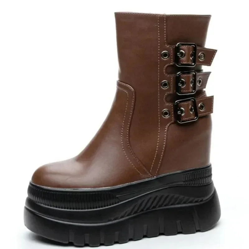 

Новые осенние ботинки на толстой платформе, модная женская обувь, увеличивающая рост, женские короткие сапоги на очень высокой водонепроницаемой платформе 12 см