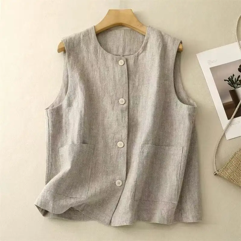 

Vintage Cotton Linen Sleeveless Jackets For Women Elegant O-Neck Pockets Button Up Summer Vest Cover Up Coat Top