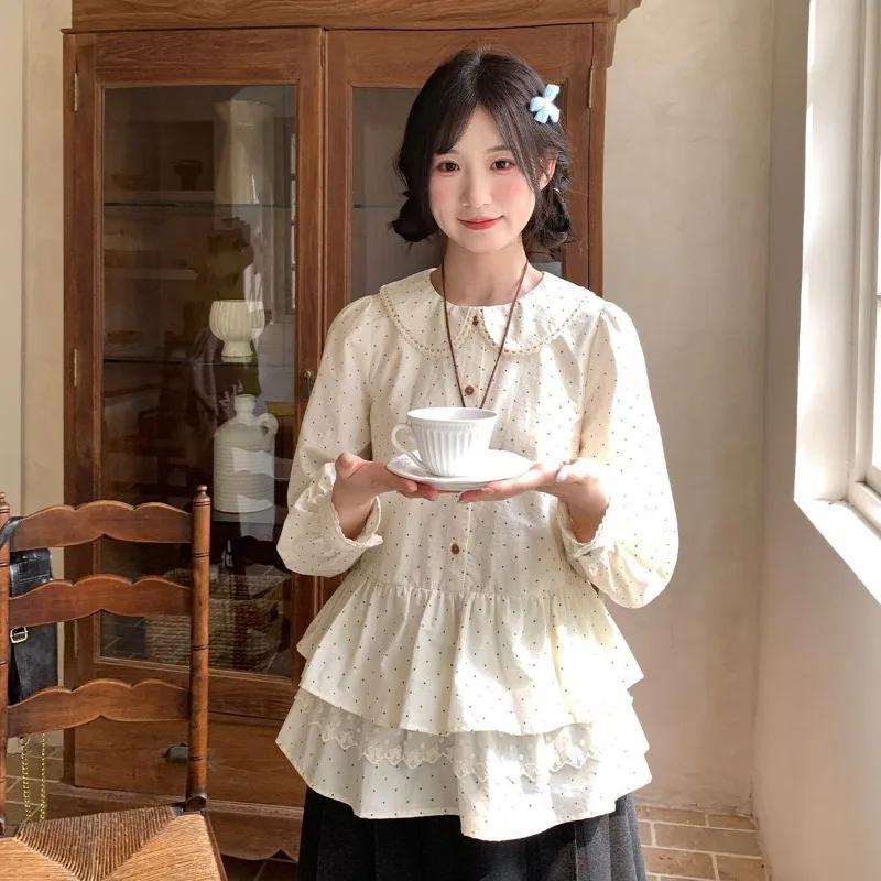 Kimotimo Sweet Polka Dot Long Sleeve Shirt Women Japanese Kawaii Peter Pan Collar Button Up Blouse 2026 New Ruffle Fashion Tops