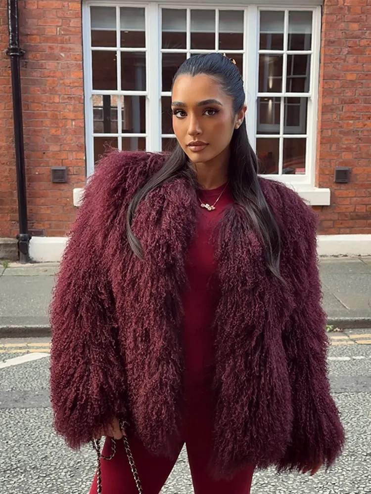 Chic Ins Burgundy Faux Fur Coat Women Fashion Thick Warm Long Sleeved Fluffy Jackets Autumn Winter Cool Girls Casual Overcoat