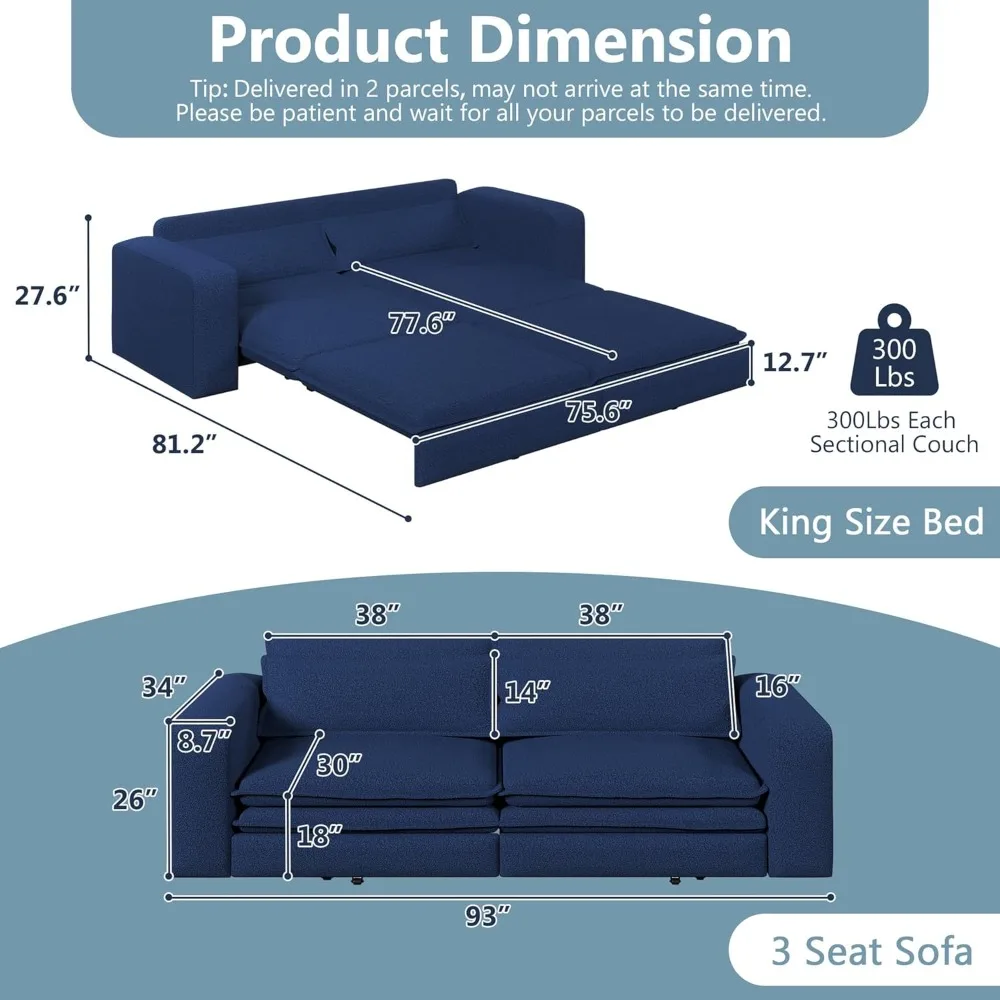أريكة سرير بحجم كينج 3 في 1 أريكة قابلة للتحويل نائمة مريحة منجدة 3 مقاعد كرسي صالة Loveseat مع سرير قابل للسحب #2