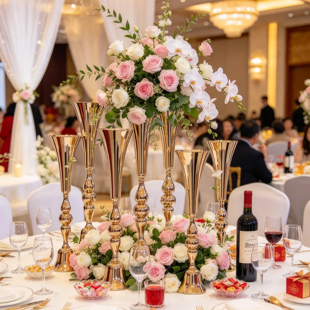 10pcs)69-100cm)Big sliver/white/Gold Flower Vase Trumpet Flower Bucket Flower Stand Gold Centerpiece For Wedding Party Events