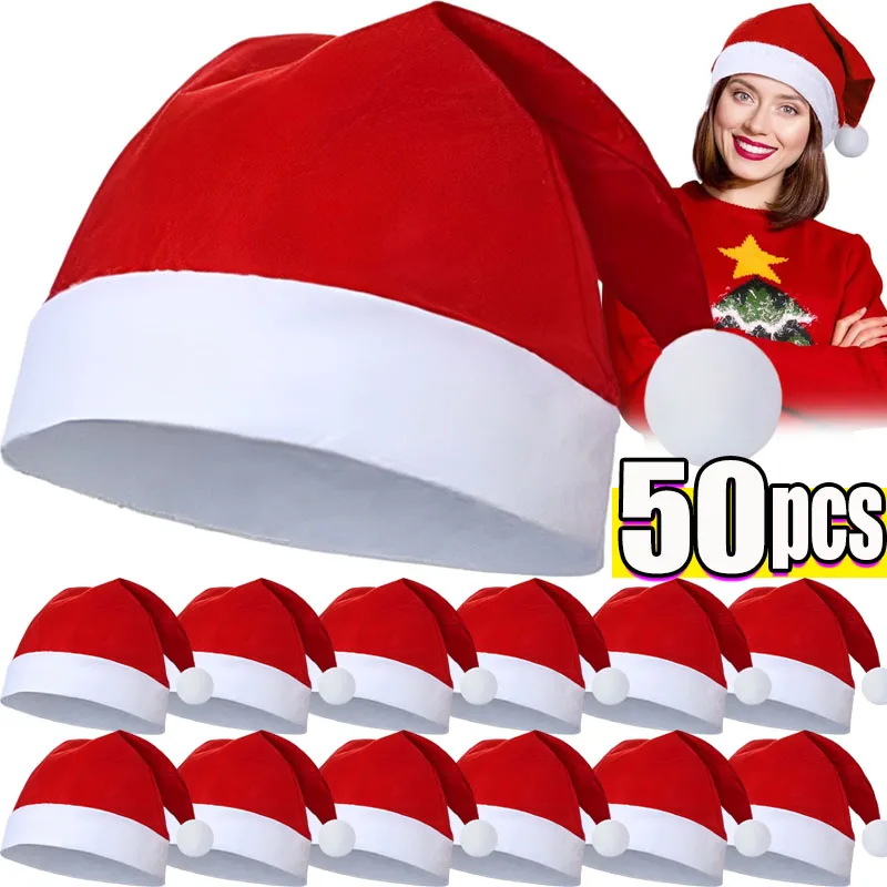 

1/50pcs Christmas Hat Adults Kids Xmas Hats Red Non-woven Santa Claus Gift Hat for Merry Christmas New Year Festive Decoration