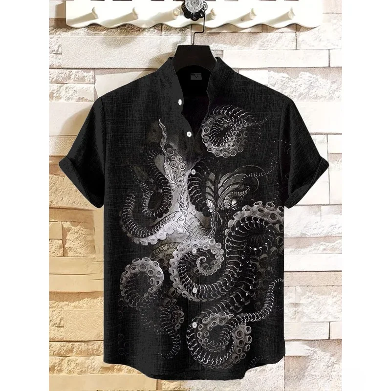 

Men's Cthulhu Squid Tentacles Graphic Print Short Sleeve Linen Blend Shirt Harajuku Streetwear Hipster Button Down Shirts