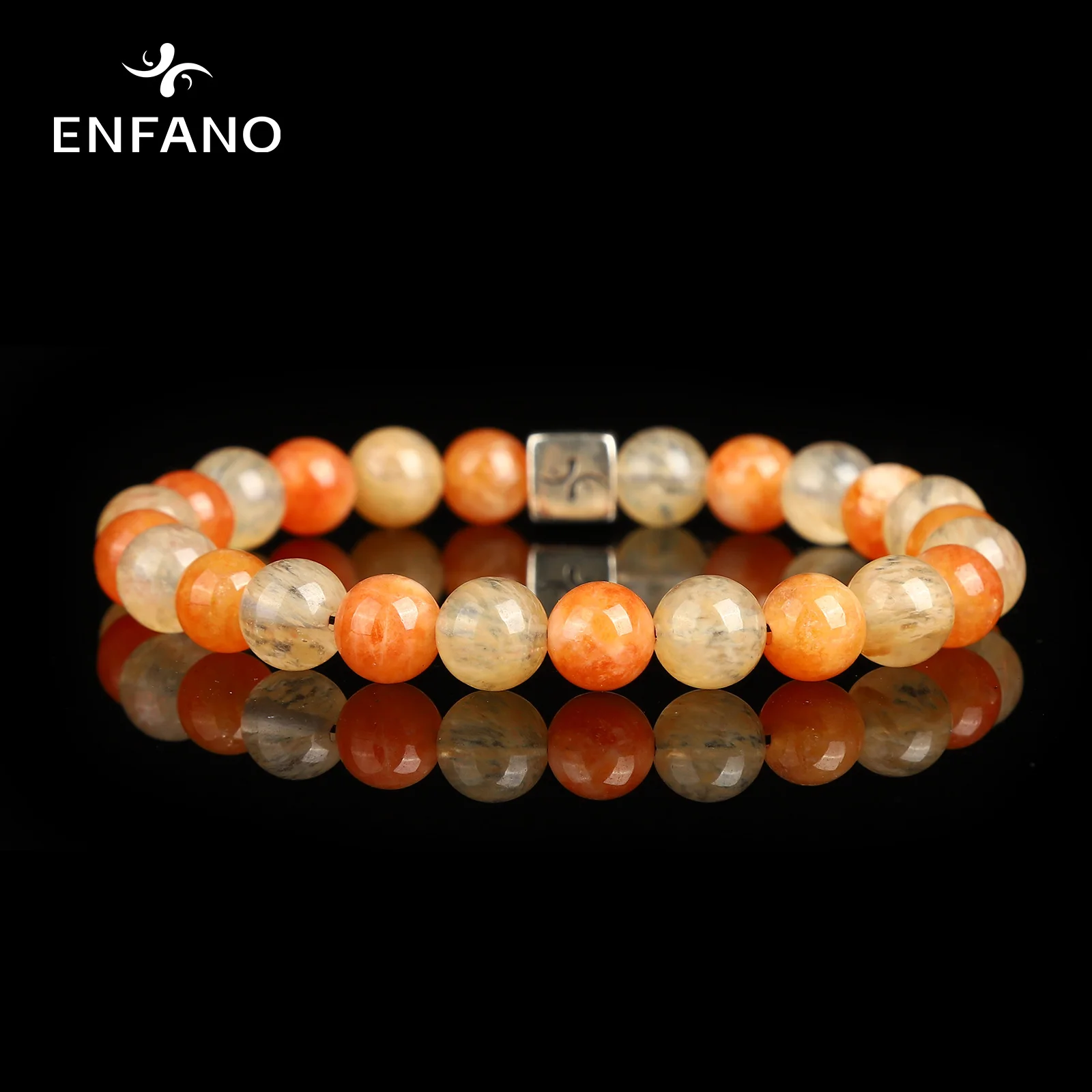 

ENFANO Gold Sunstone Bracelet 8mm Round Bead Bracelet Vintage Father's Birthday Gift Size Name Text Personalized Custom Jewelry