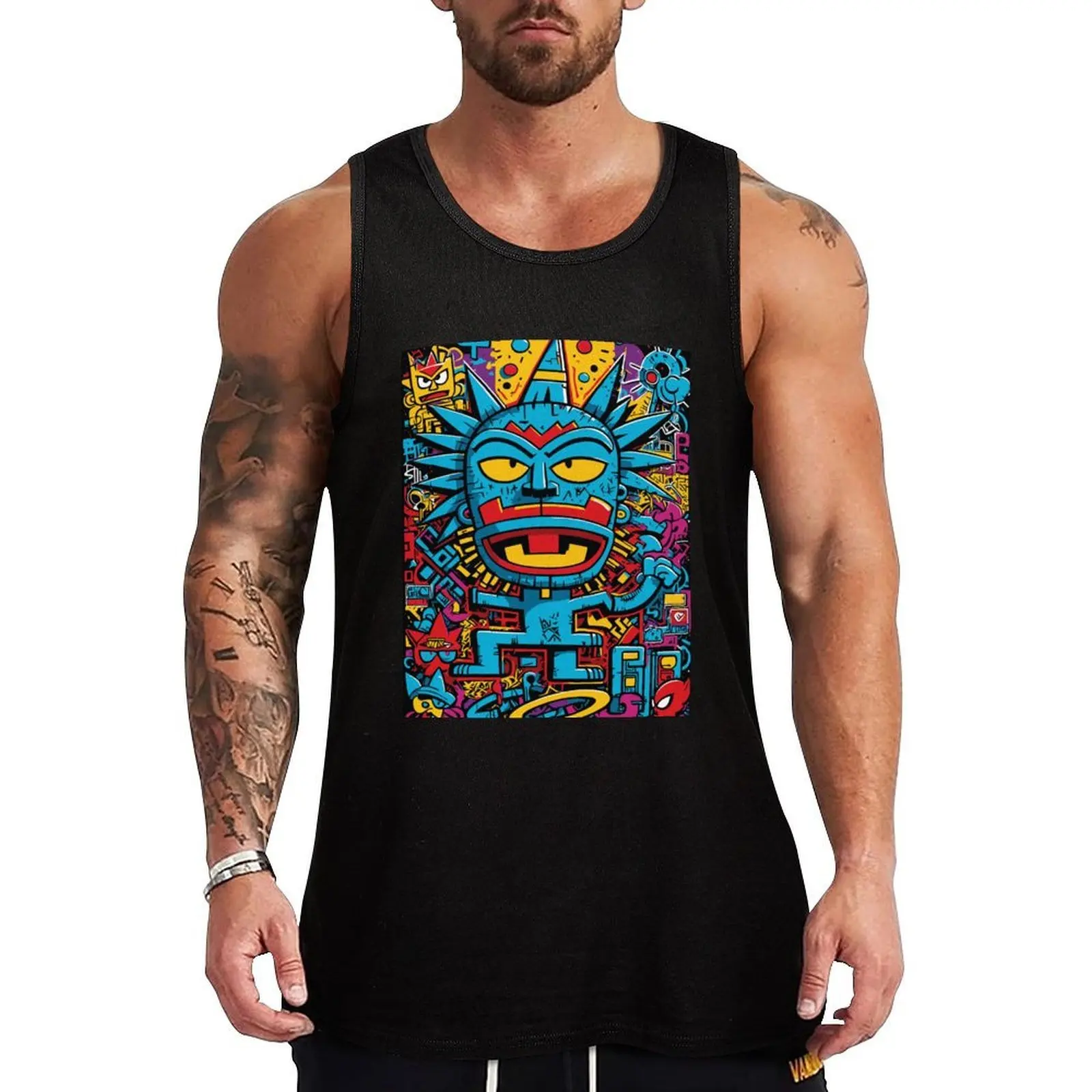 Arte callejero con grafiti azteca azul de Emmanuel Signorino, camiseta sin mangas con estampado de naturaleza, camiseta sin mangas con gráfico de paisaje