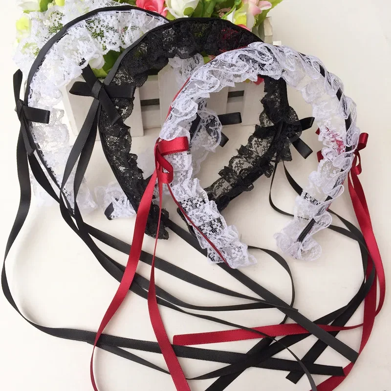 Japanese Lolita Lace Bow Ribbon Cute Soft Girl  Lolita Headdress Ears on The Head Headband  Anime Cosplay Hair Accessories