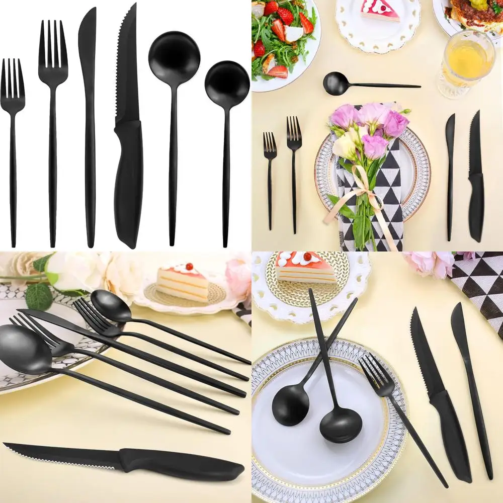 

Matte Black 48-Piece Silverware Set with Steak Knives for 8, Stainless Steel Cutlery for Home Kitchen