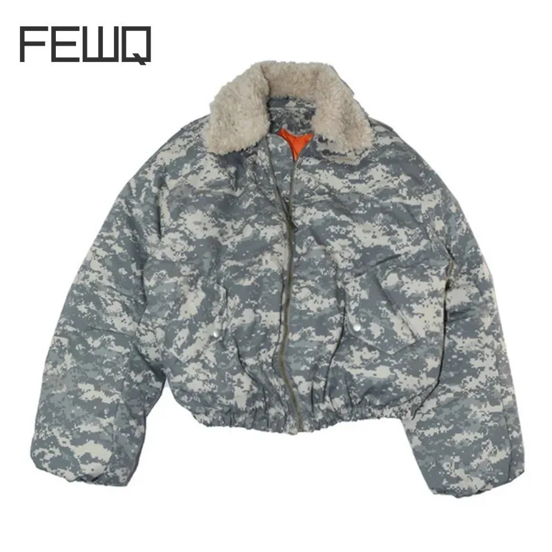 FEWQ Detachable Fur Collar American Camouflage Men Cotton Jacket Contrast Color Long Sleeve Male Tops Korea Fashion 21Z7058