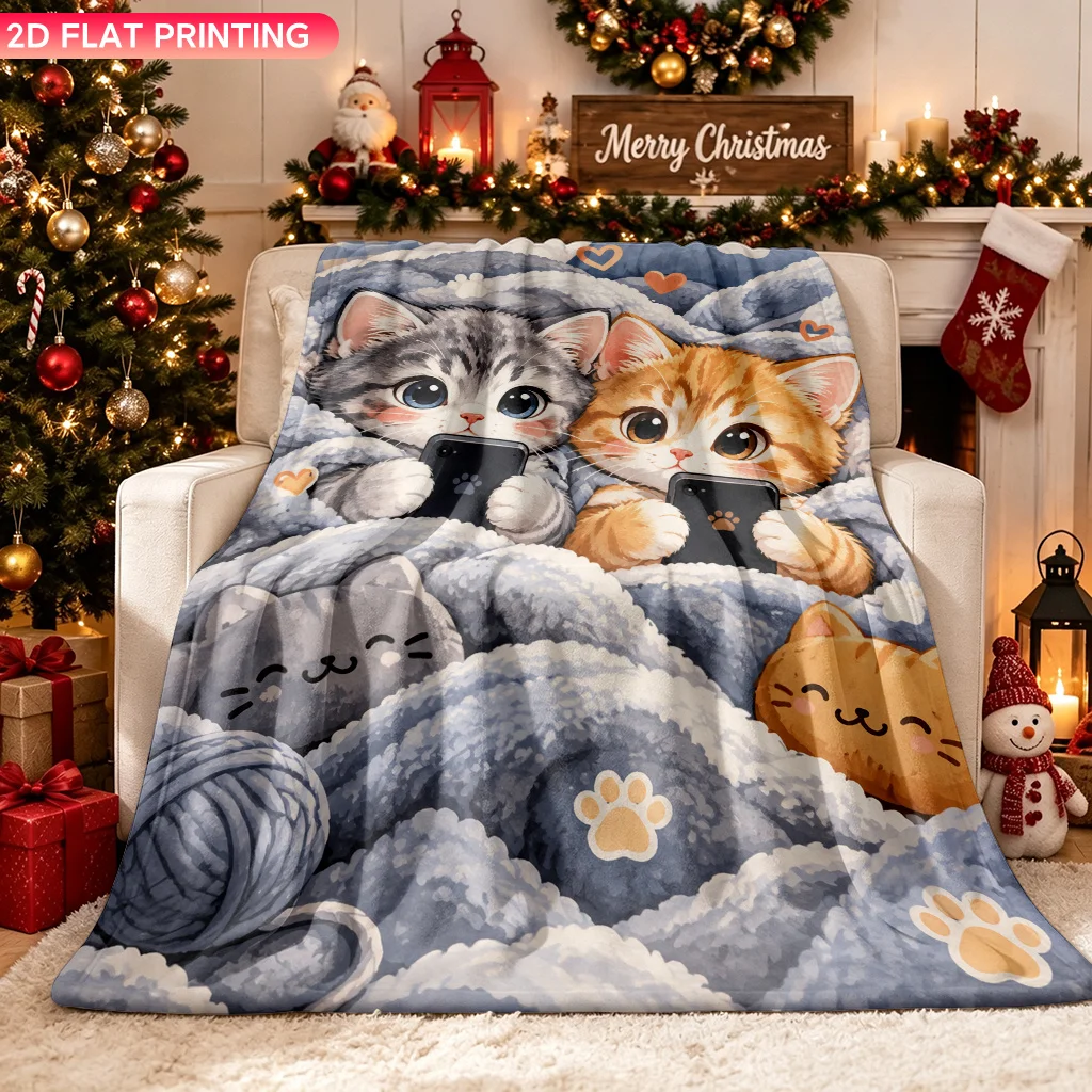 Cute Kitten Family Christmas Throw Blanket Plush Pet Lover Gift Cozy Xmas Decor