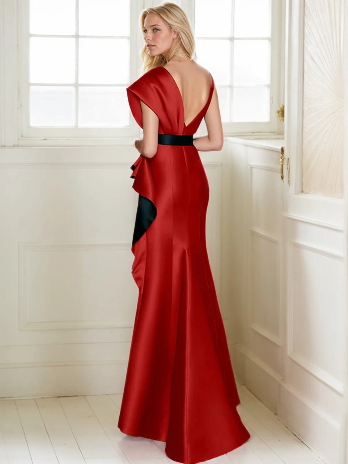 فستان سهرة أنيق غمد من الساتان رقبة على شكل V بدون أكمام بطول الأرض مزين بالتطريز فستان زفاف الضيوف 2025 مخصص مجاني