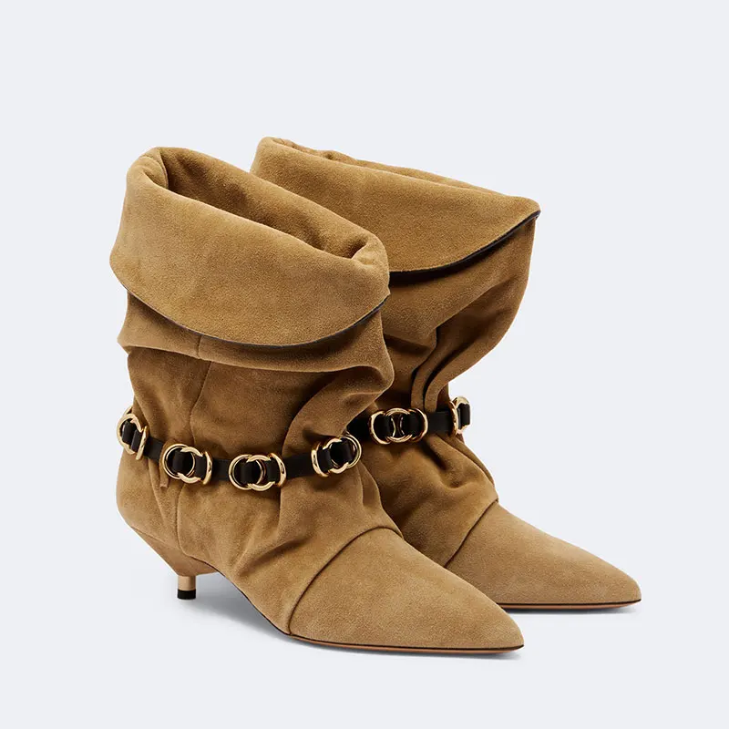 

Ladies Slouchy Fold Over Suede Mid Calf Boots Gold Chain Belt Pointed Toe Thin Heel Retro Club Party Fashion Dress Footwear