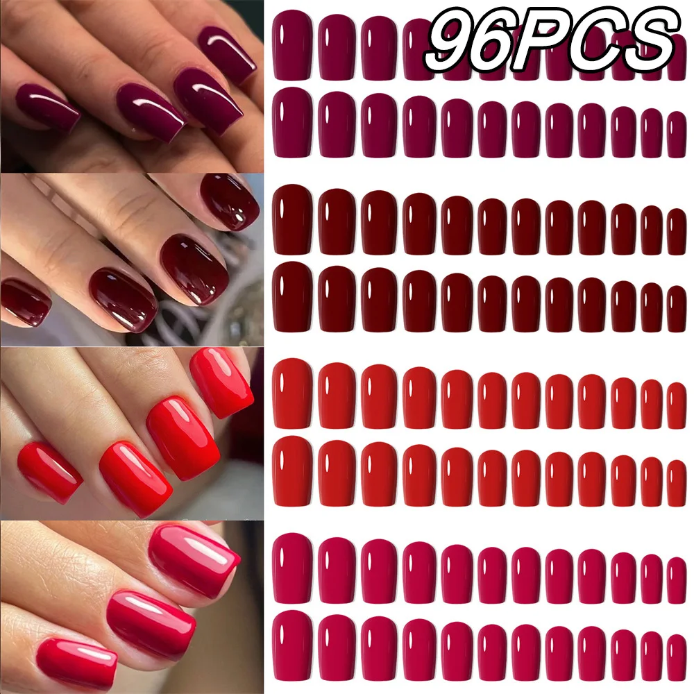 

96PCS/Box New Year Red Press On Nails 4Colors Valentine Day Sexy Glossy Medium Square Full Cover False Nail Detachable Fake Nail