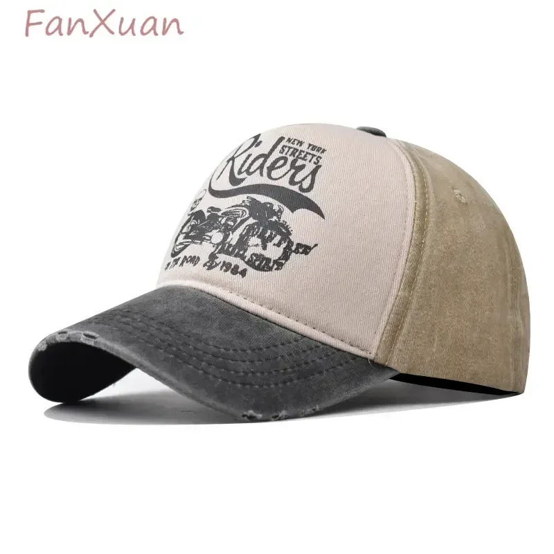 Washed Cotton Baseball Cap for Women Fitted Snapback Hats for Men Motorcycle Print Hip Hop Men\'s Summer Cap