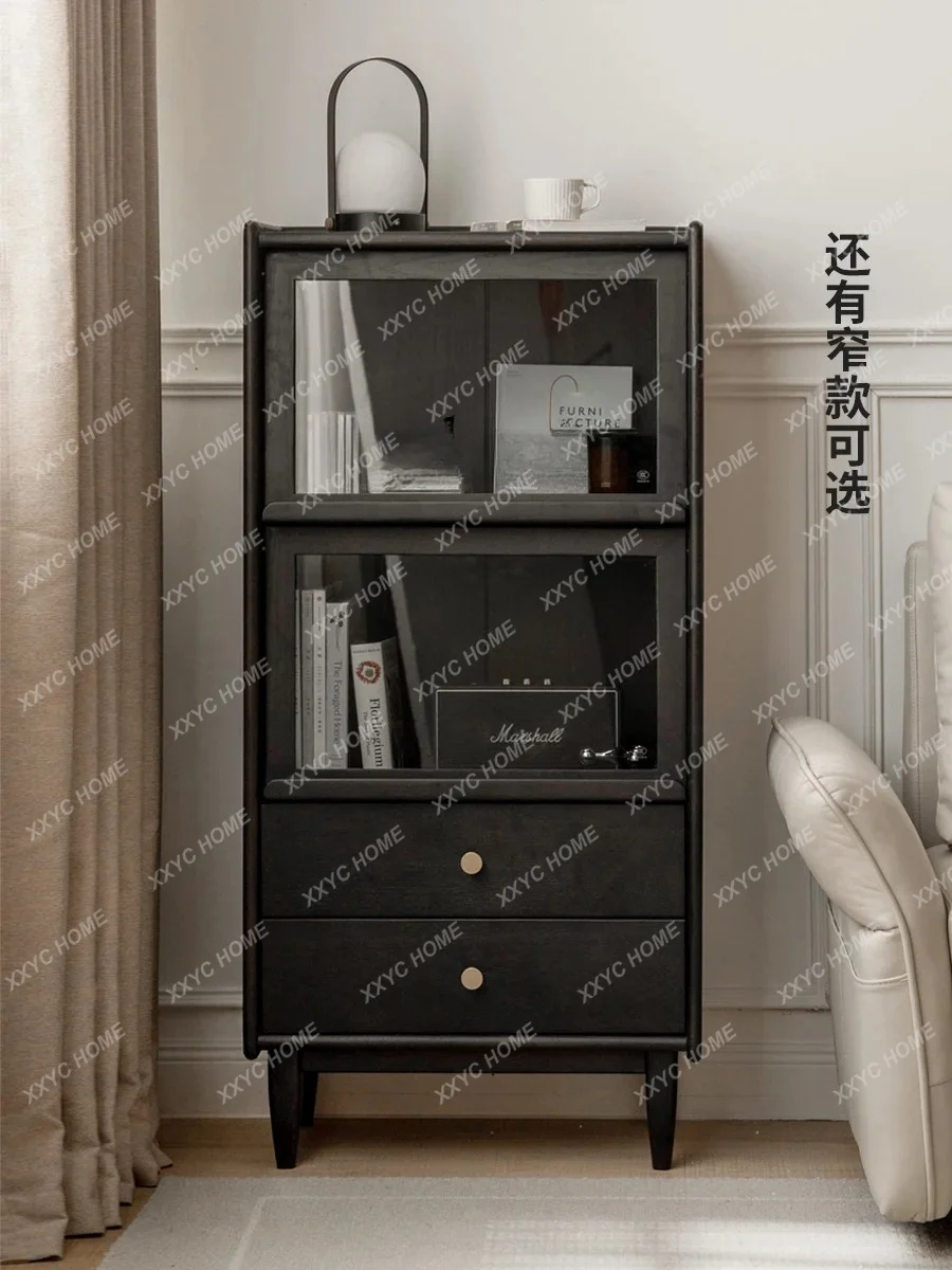

L Solid Wood Side Cabinet Black Retro Living Room Display Cabinet TV Clothes Closet Sofa Side Cabinet