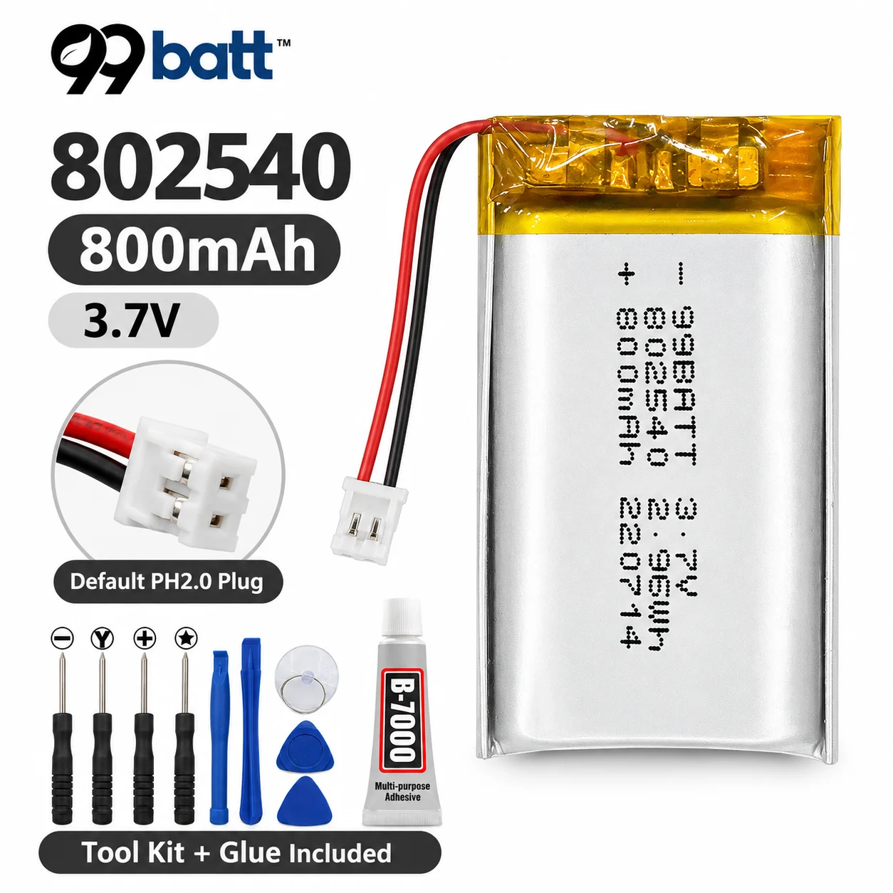 802540 3.7V 800mAh LiPo Polymer Lithium Battery Rechargeable PH2.0 Plug for GPS Bluetooth Audio LED Devices