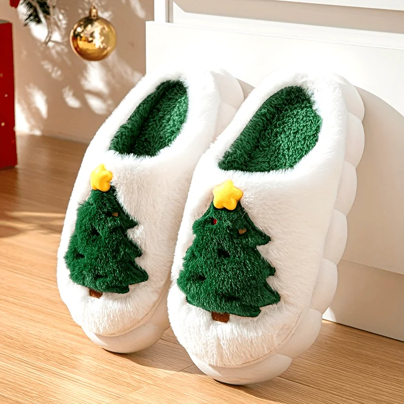 Men's Comfortable Christmas Tree Slippers, Thick Sole Indoor House Shoes, Warm Winter