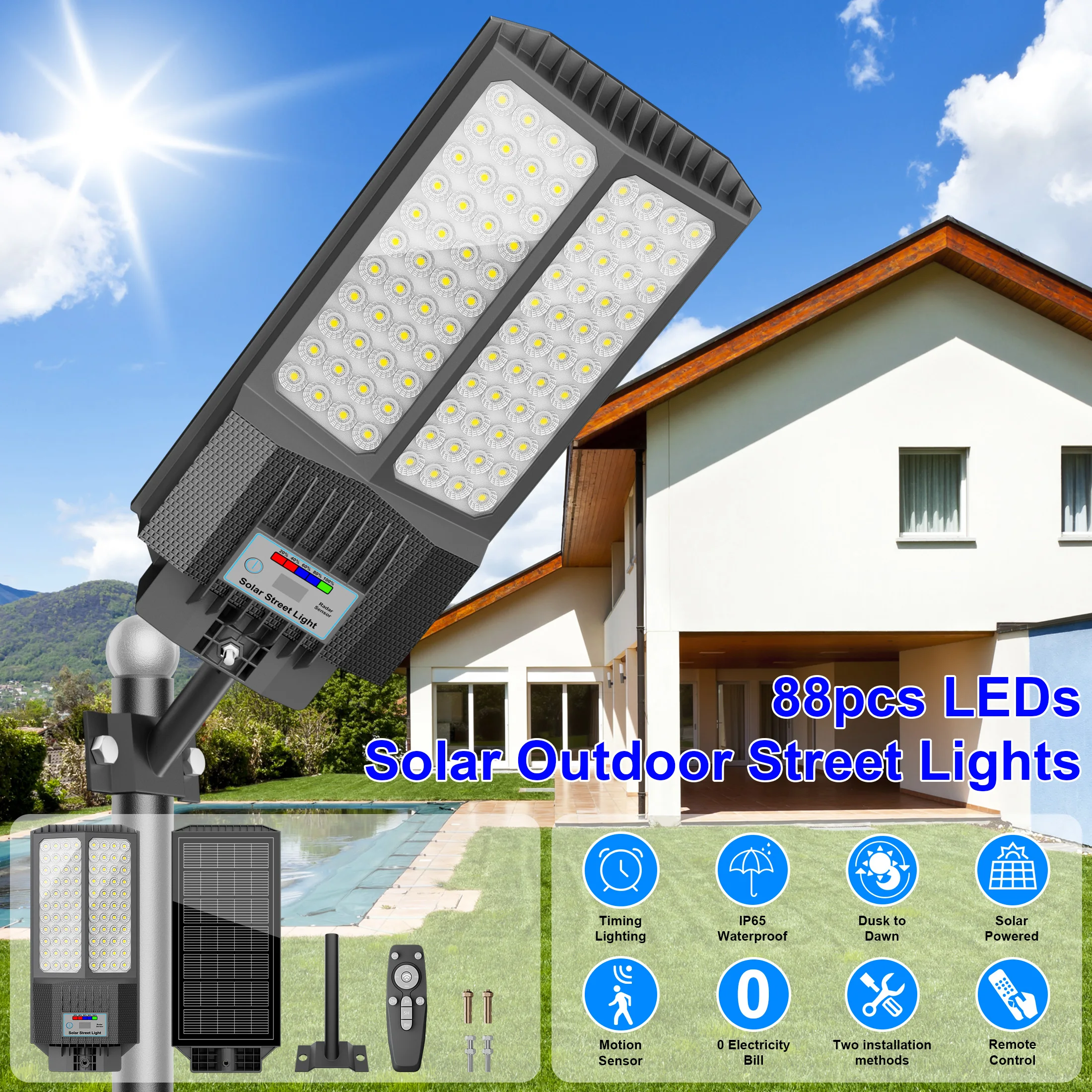 Solar Light Outdoor, Outdoor Solar Lamps, Solar Street Light, 5000W Super Bright Solar Light, Ip65 Waterproof Led Flood Light, 10000 Lumens, Dusk-To-Dawn Auto, Motion Sensor & Remote Control, Easy Install for Yard, Patio, Garage, Basketball Court