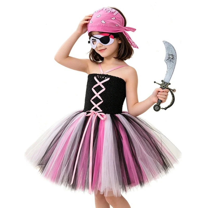 Pink Pirate Tutu Costume Strapless Crisscross Bodice Layered Pink Black White Tulle Skirt Bandana Eye Patch Party Cosplay Outfit