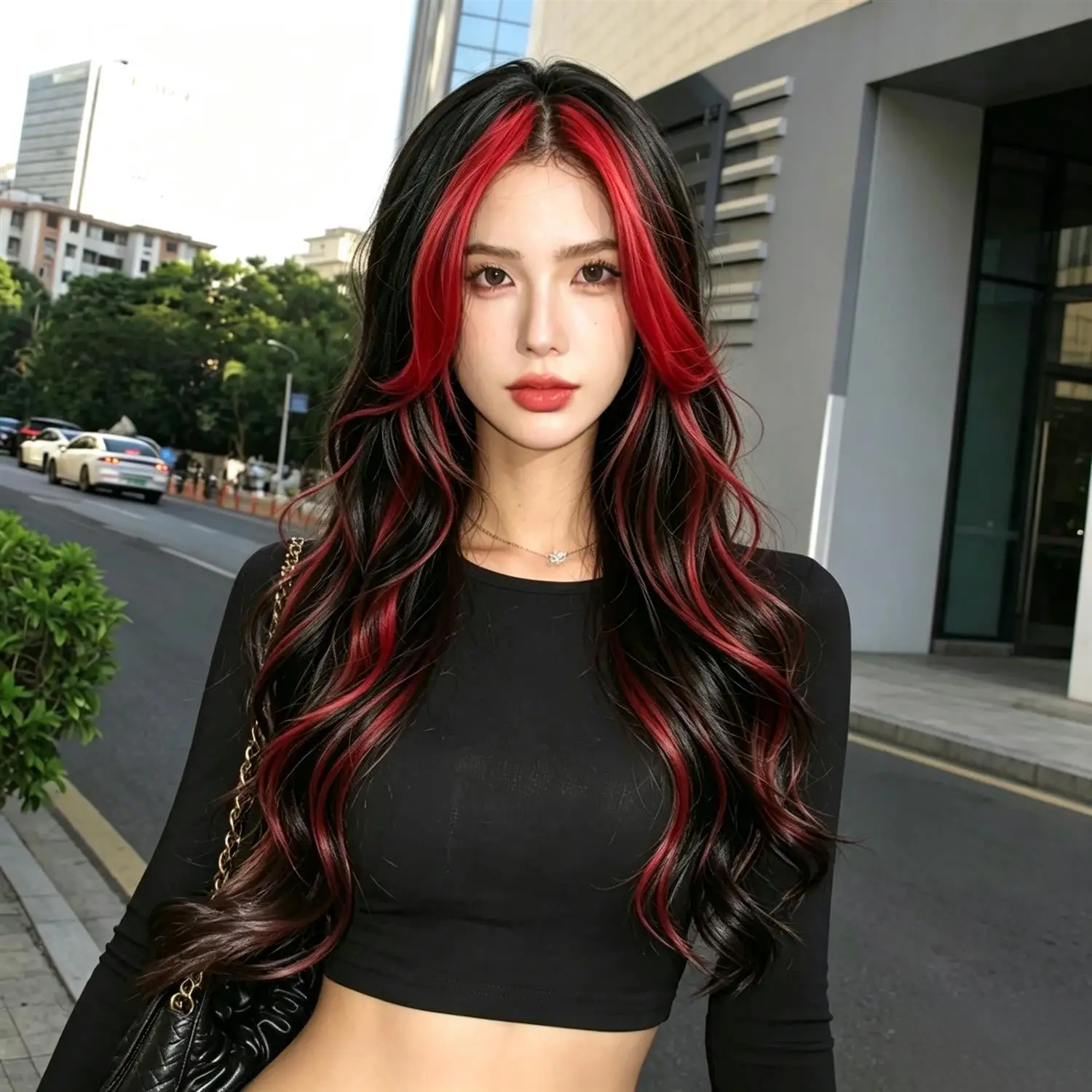 Body Wave Wig 1B Natural Black With Red Highlights Two Tone 28 Inch Heat Resistant Synthetic Fiber Wig
