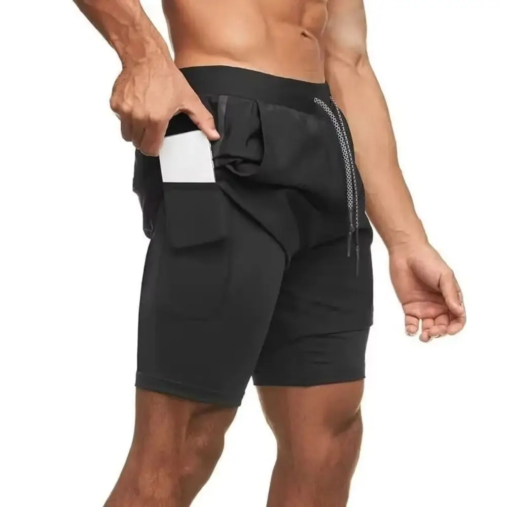 

2 In 1 Quick Dry Running Shorts Double Layer Elastic Training Shorts Breathable Mobile Phone Pocket Sports Shorts Gym Fitness