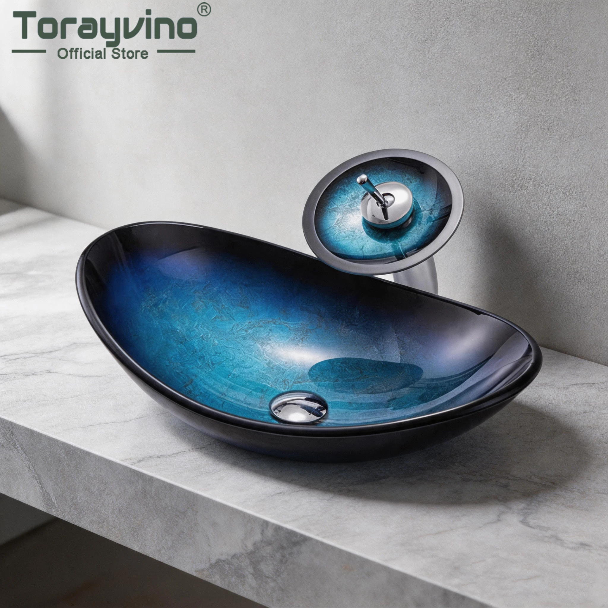 Torayvino Bathroom Washbasin Tempered Glass Basin Sink Faucet Vessel Vanity Bowl Counter Top Waterfall Mixer Water Tap W/ Pop-up