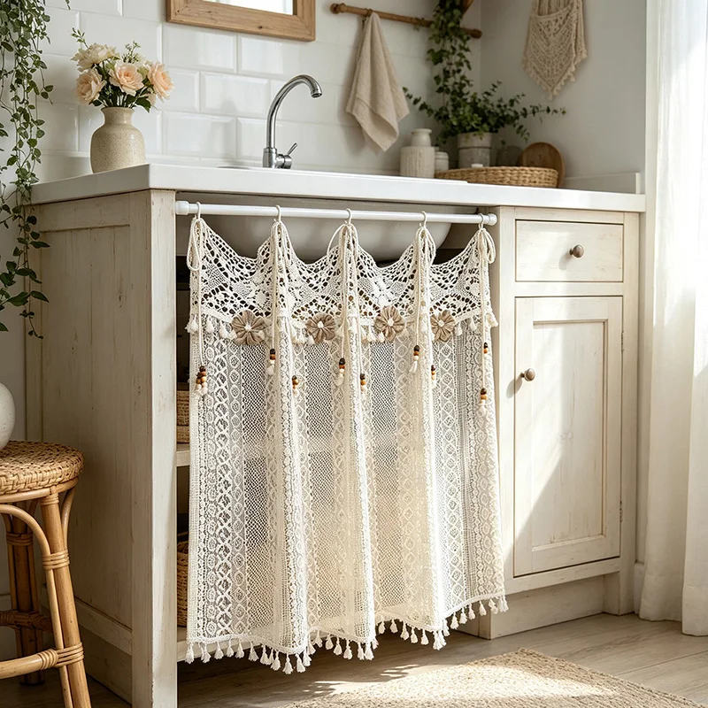 1PC Boho Beige Geometric Hollow Short Curtain 3D Flower and Bead Tie Top Design For Kitchen Cabinets Small Window Home Decor