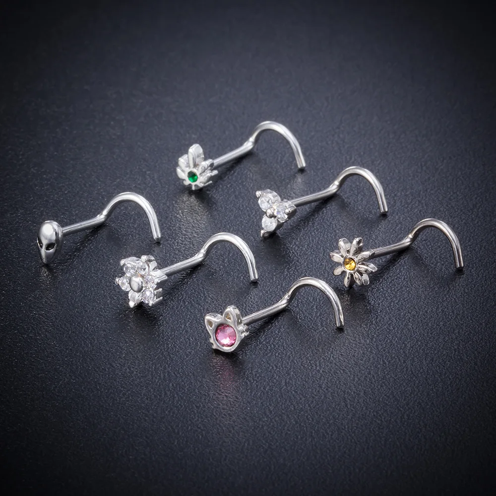 3PCS Pink Crystal Bend Nose Piercing Stud Set Spider Nose Ring Bulk Twist Butterfly Nose Rings And Studs Pack Piercing Nariz Lot