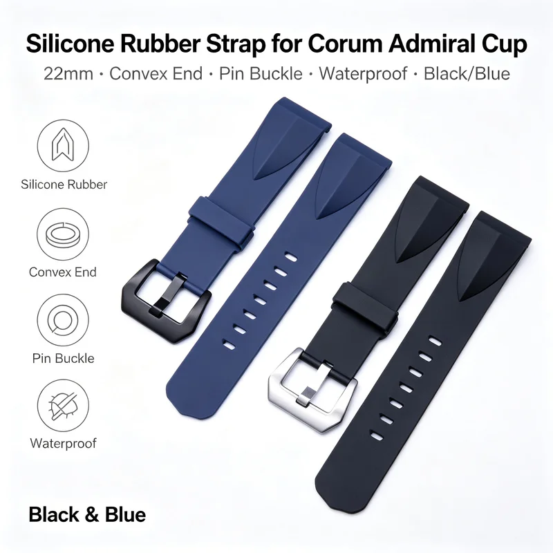 22mm Premium Silicone Rubber Strap for Corum Admiral Cup Convex End Pin Buckle Waterproof Black Blue Men Replacement Watch Band