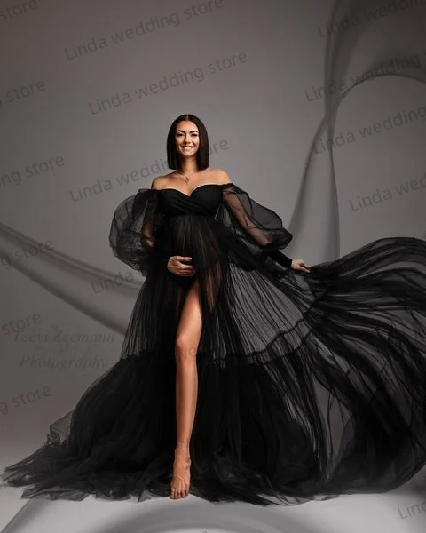 Sexy Black  Maternity Dresses Off Shoulder Long Vestidos De Fiesta Slit Long Sleeves Sheer Pregnant Woman Gowns for Photoshoot