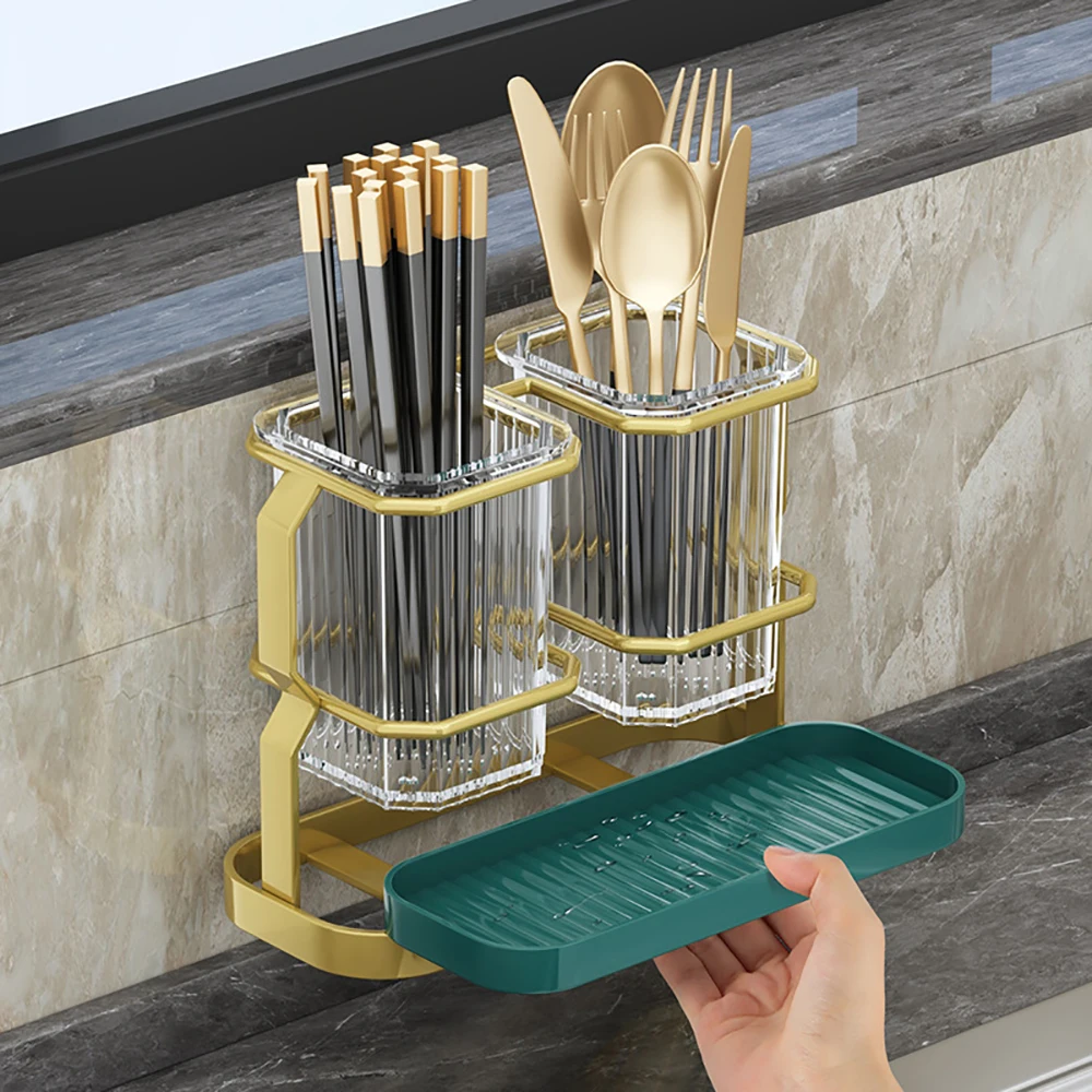 Kitchen Countertop Cutlery Holder Wall Mounted Kitchen Utensil Organizer Rack Knife Holder White Gold Fork Spoon Chopsticks Tube