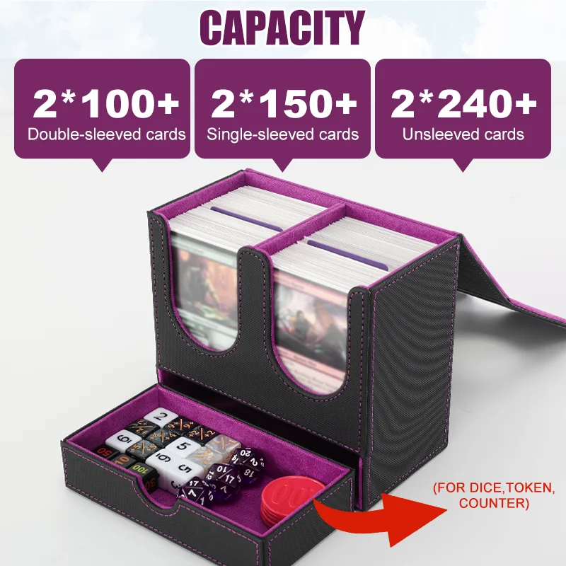 Kartendeckbox mit Sichtfenster, für 200 doppelt umhüllte Karten und Würfeltablett, PU-Leder-Kartenbox mit Magnetverschluss für TCG-Karten – Detail 1