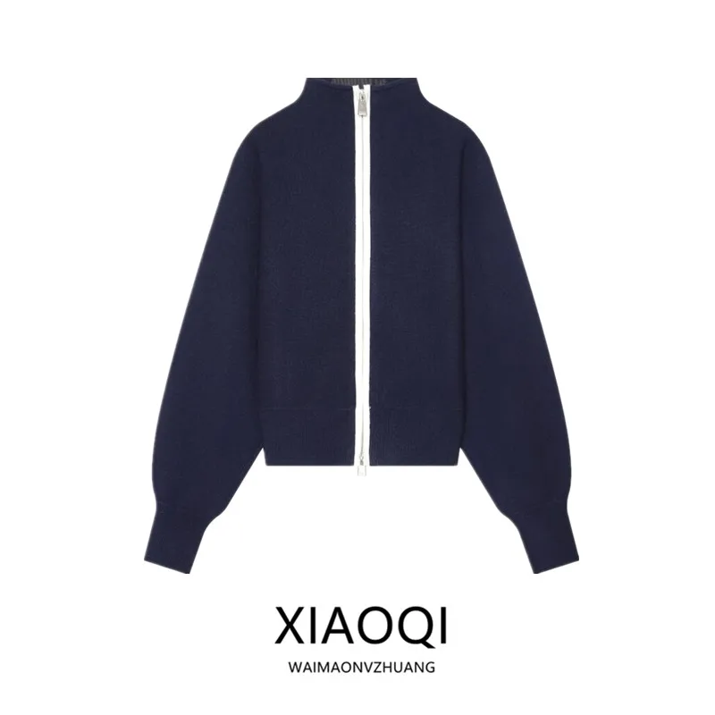 Fall 2026 New Women's Long Sleeve Stand Collar Double Layer Zipper Knitted Jacket Loose Fit Style Regular Length Other Material
