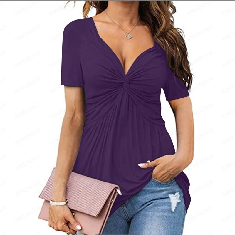 Women's V-neck Twisted Front Short Sleeve T-shirt Elegant Casual Pullover Top Solid Color European American Style