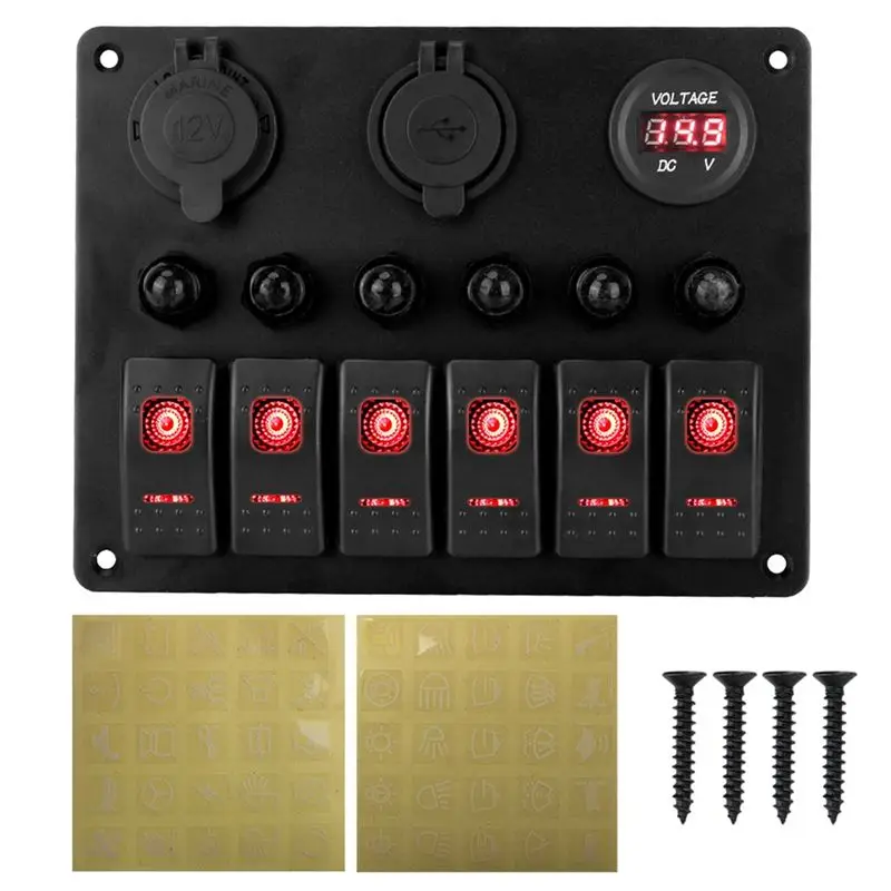 

Универсальная автомобильная/автодомовая панель с 6 переключателями ABHY, 12/24В, с вольтметром, USB, тестером автоматических выключателей и тумблером-индикатором