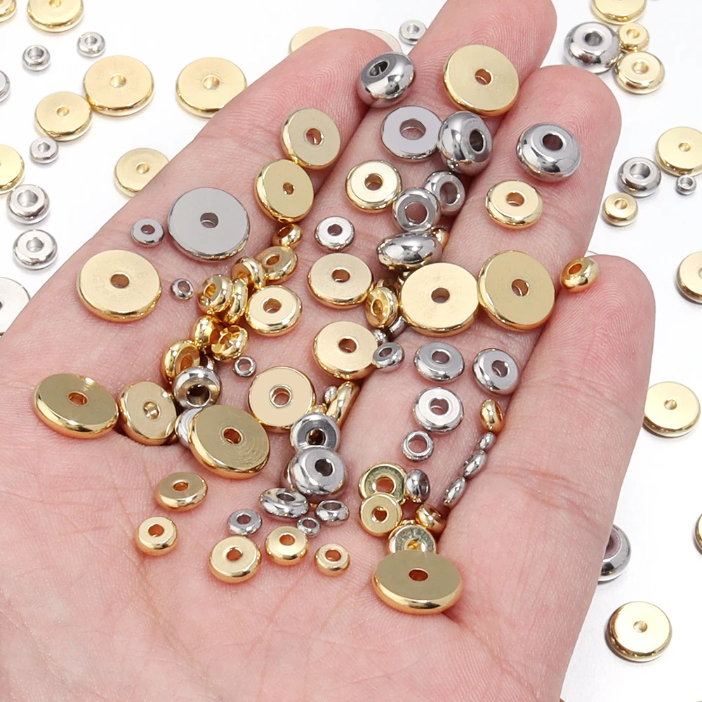 20-50pcs/lot Stainless Steel Flat Round Wheel Beads Metal Charm Loose Spacer Beads For DIY Jewelry Making Bracelet Necklace