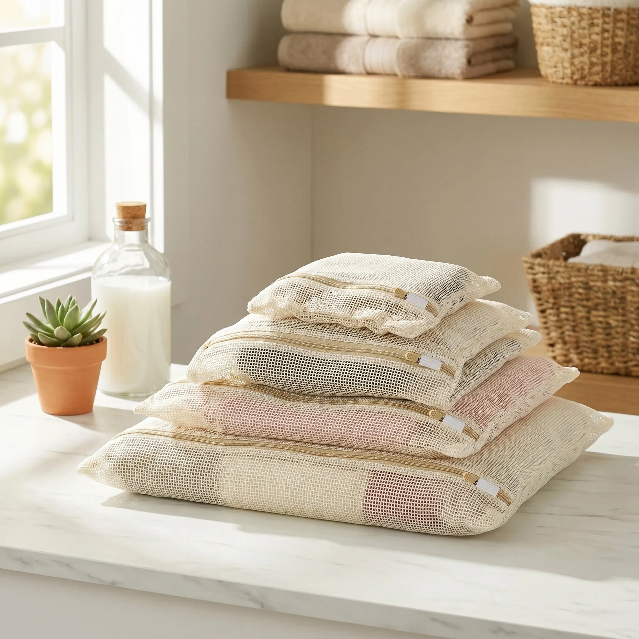 4Pcs Cotton Mesh Laundry Bags 4 Sizes Reusable Delicates Wash Bags for Bra Lingerie Undergarments Socks Garment Washing Machine