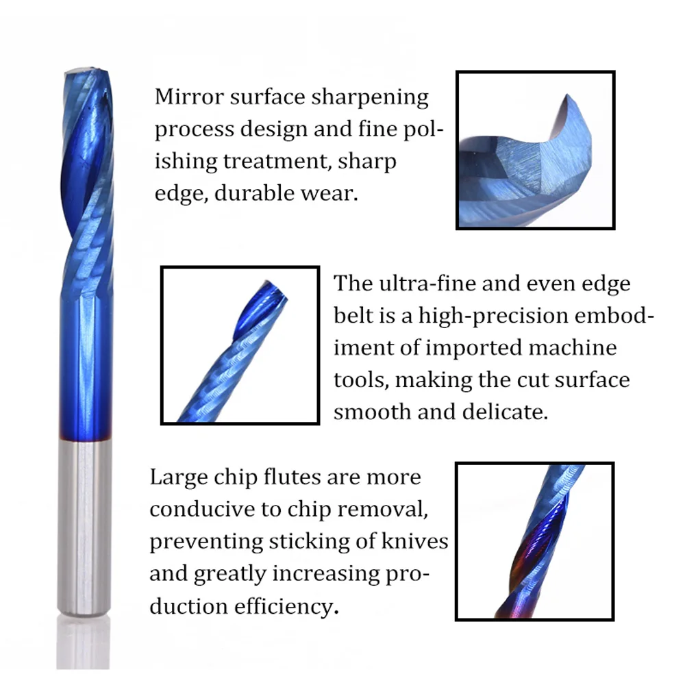 

Single Flute HSS End Mill with Blue Coating for CNC Routers Used in Wood Plastic Foam Acrylic PVC Polycarbonate HDPE ABS