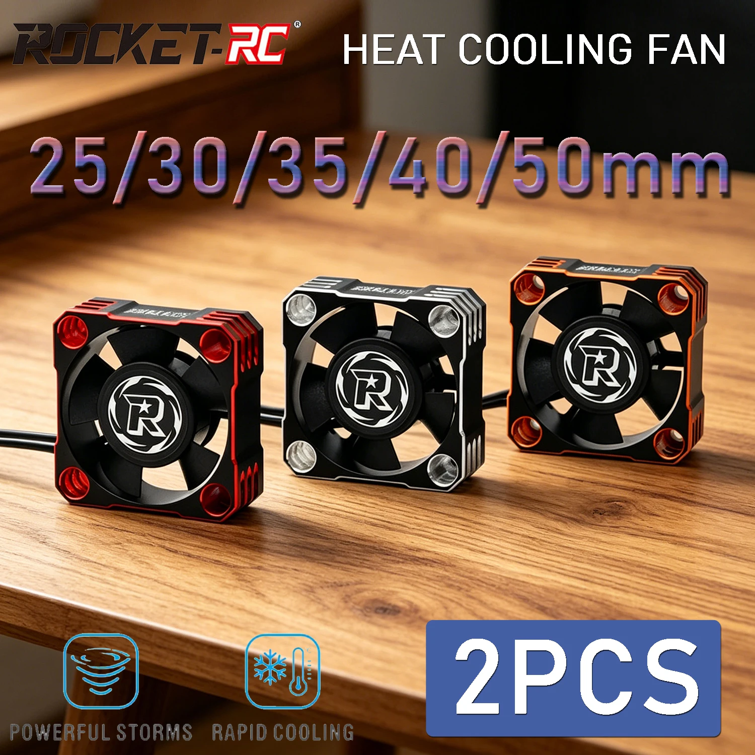 2Pcs ROCKET-RC RC Motor Fan 25/30/35/40/50mm Aluminum Heat Cooling Fan for 1/5 1/8 1/10 1/12 RC Crawler Car Brushless Motor ESC