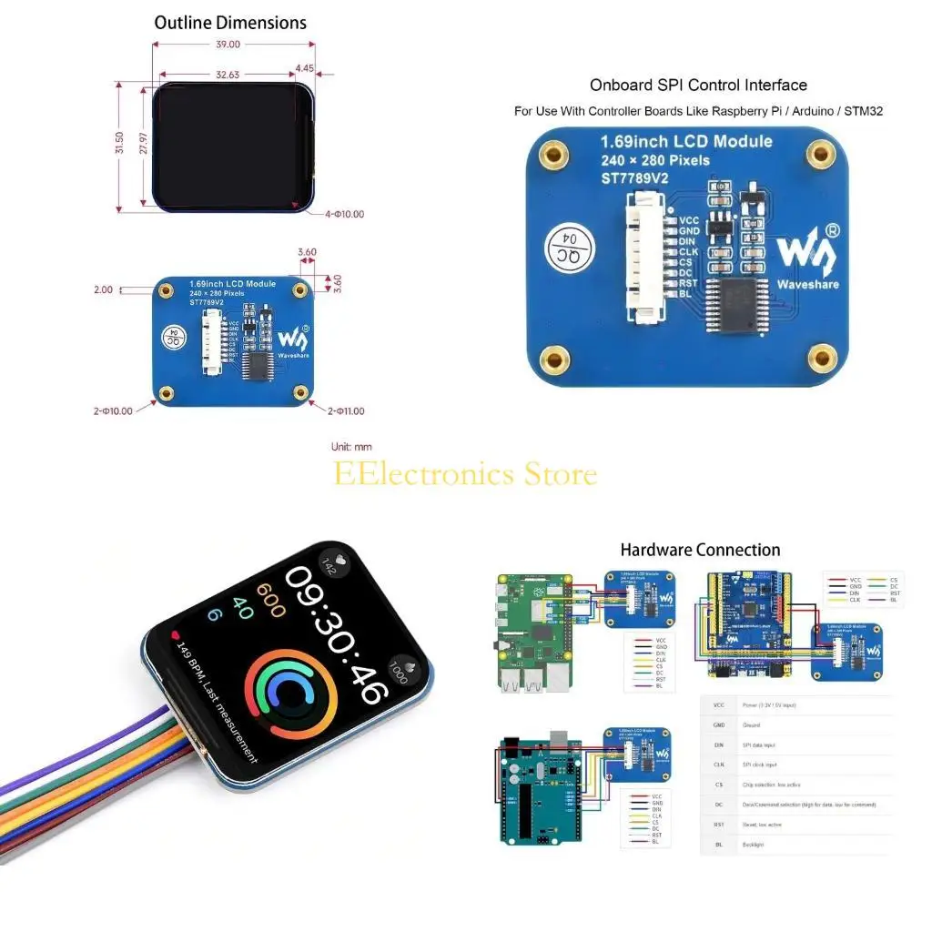 

B03C 1.69 IPS LCD Screen SPI Interface and ST7789V2 Driver Chip 262K RGB Display Colors 240x280 Resolution Clear Display