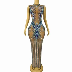 Sexy Stage Nude Mesh Luxury Sparkly Rhinestones Maxi Dress Women Evening Party Elegant Gown Show Red Carpet Photoshoot Costume