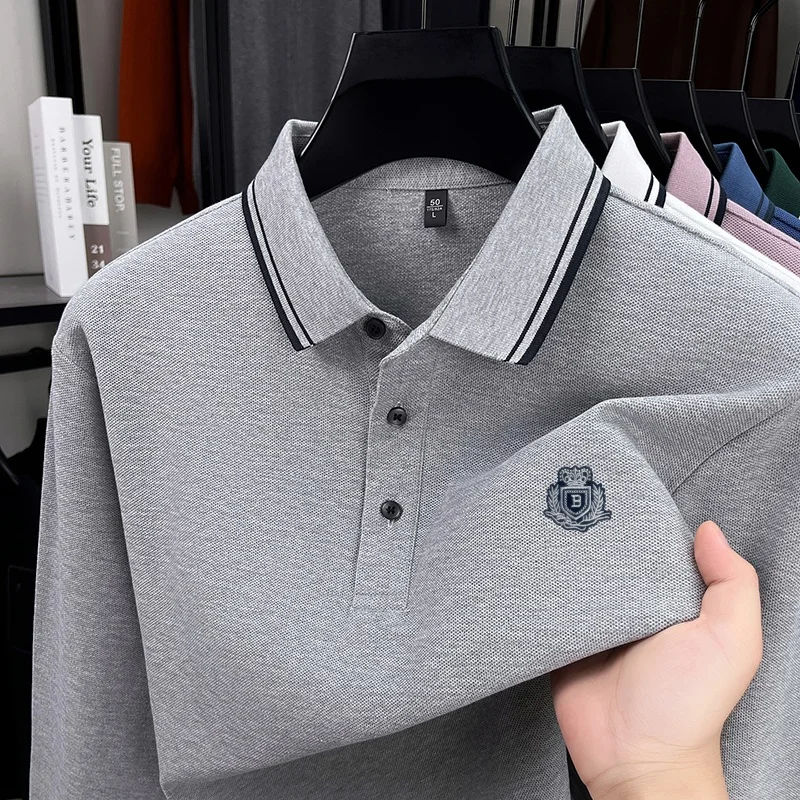 

100 хлопок, осеннее новое поступление, мужская рубашка-поло с лацканами и длинным рукавом, футболка высокого класса, брендовый топ с принтом значка, деловая мужская одежда для отдыха