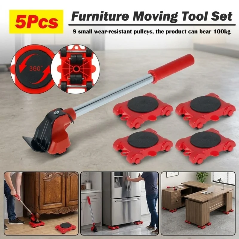 5Pcs Heavy Duty Furniture Mover Tool Set with Lifter Bar and 4 Rollers, Wheel Moving Device for Sofa Cabinet Appliance Transport